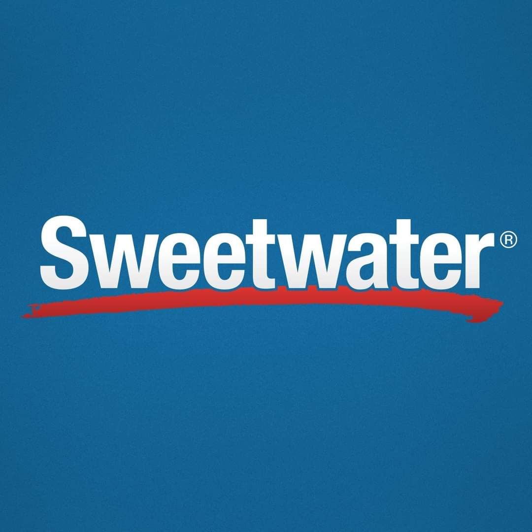 Sweetwater logo: white text on blue background, red underline.