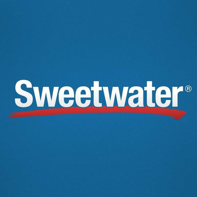 Sweetwater logo: white text on blue background, red underline.
