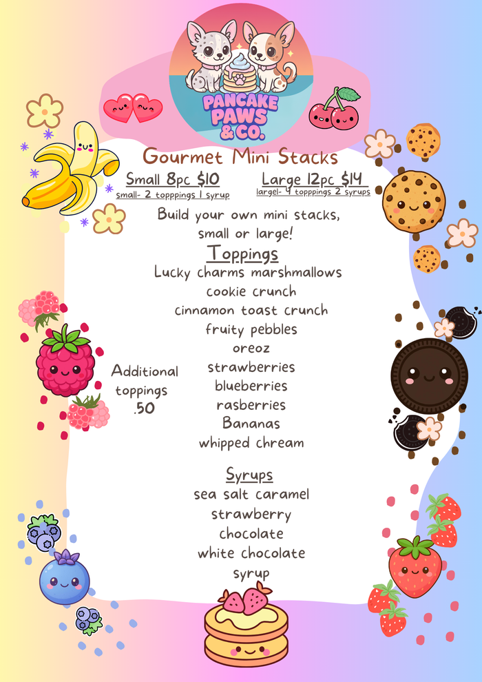 Pastel pancake cafe menu with cute cartoon strawberries, pancakes, and dessert illustrations.