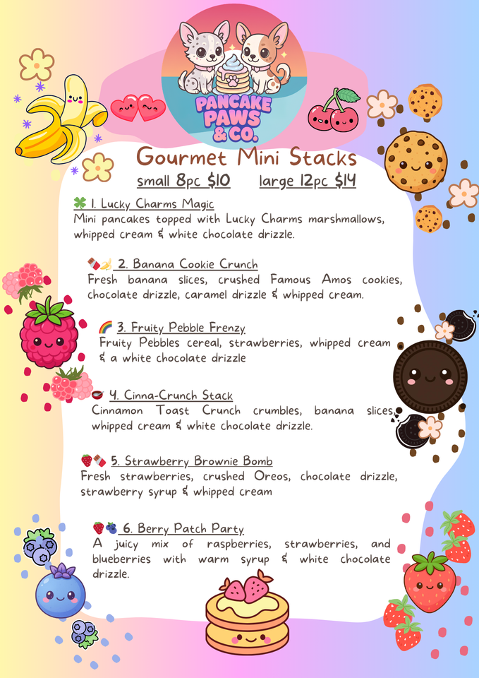 Cute pastel pancake event menu with cartoon fruit, pancakes, and a central list of mini snack offerings