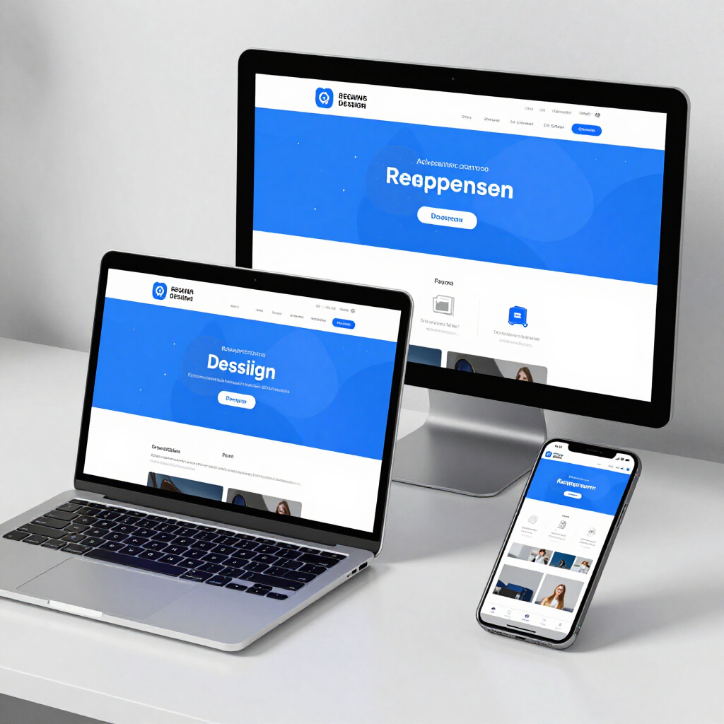 A desktop computer, laptop, and smartphone displaying the same blue-themed website on a white desk.