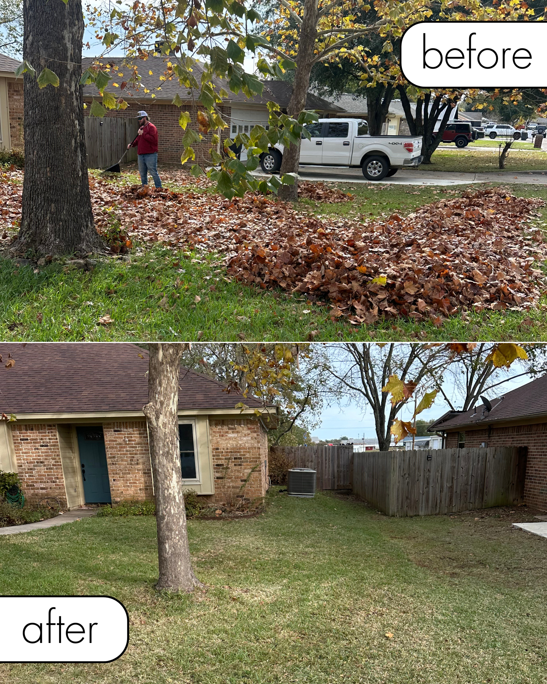 Before/after of a yard, covered in leaves, then cleaned. A person rakes leaves, then the yard is clear.