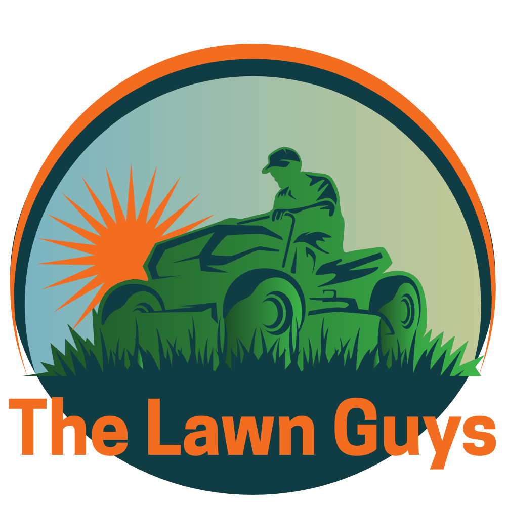 The logo for the lawn guys shows a man riding a lawn mower