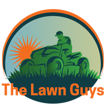 The logo for the lawn guys shows a man riding a lawn mower