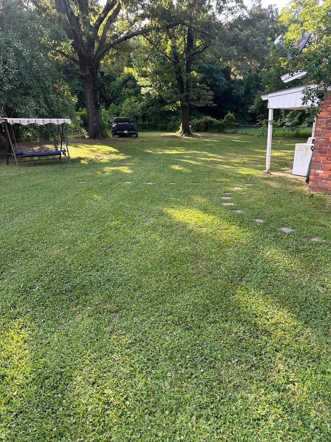 Green yard with swing, trees, and a building on the right. Sunny day.