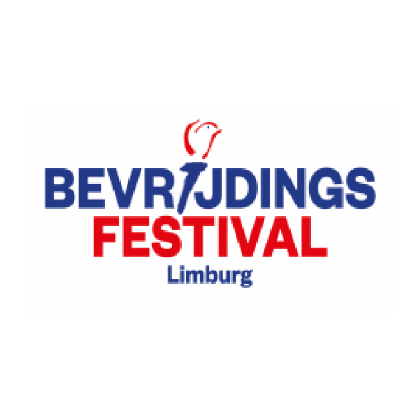 Logo voor Bevrijdingsfestival Limburg met rood-wit-blauwe tekst en een gestileerd vogelicoon.