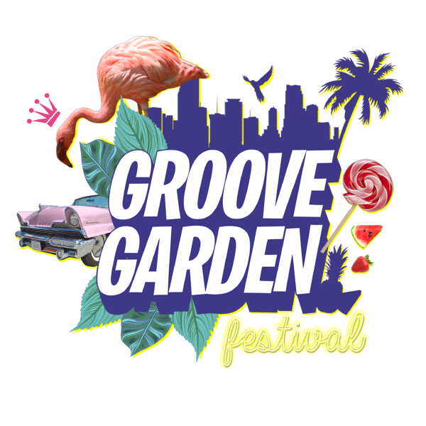 Logo van het Groove Garden Festival met een flamingo, palmboom, stadsgezicht, klassieke auto en een lolly. De kleuren blauw, roze en geel zijn prominent aanwezig.