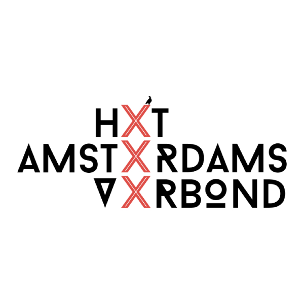 Logo voor HxT Amsterdam Bond, met gestileerde tekst in zwart en oranje. De