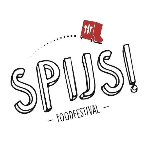 Logo voor Spuijs! Foodfestival met opvallende, omlijnde letters en een rood foodtruck-icoon.