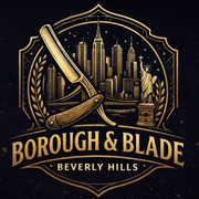 Borough & Blade Beverly Hills logo with a lion, straight razor, comb, and scissors in gold and white