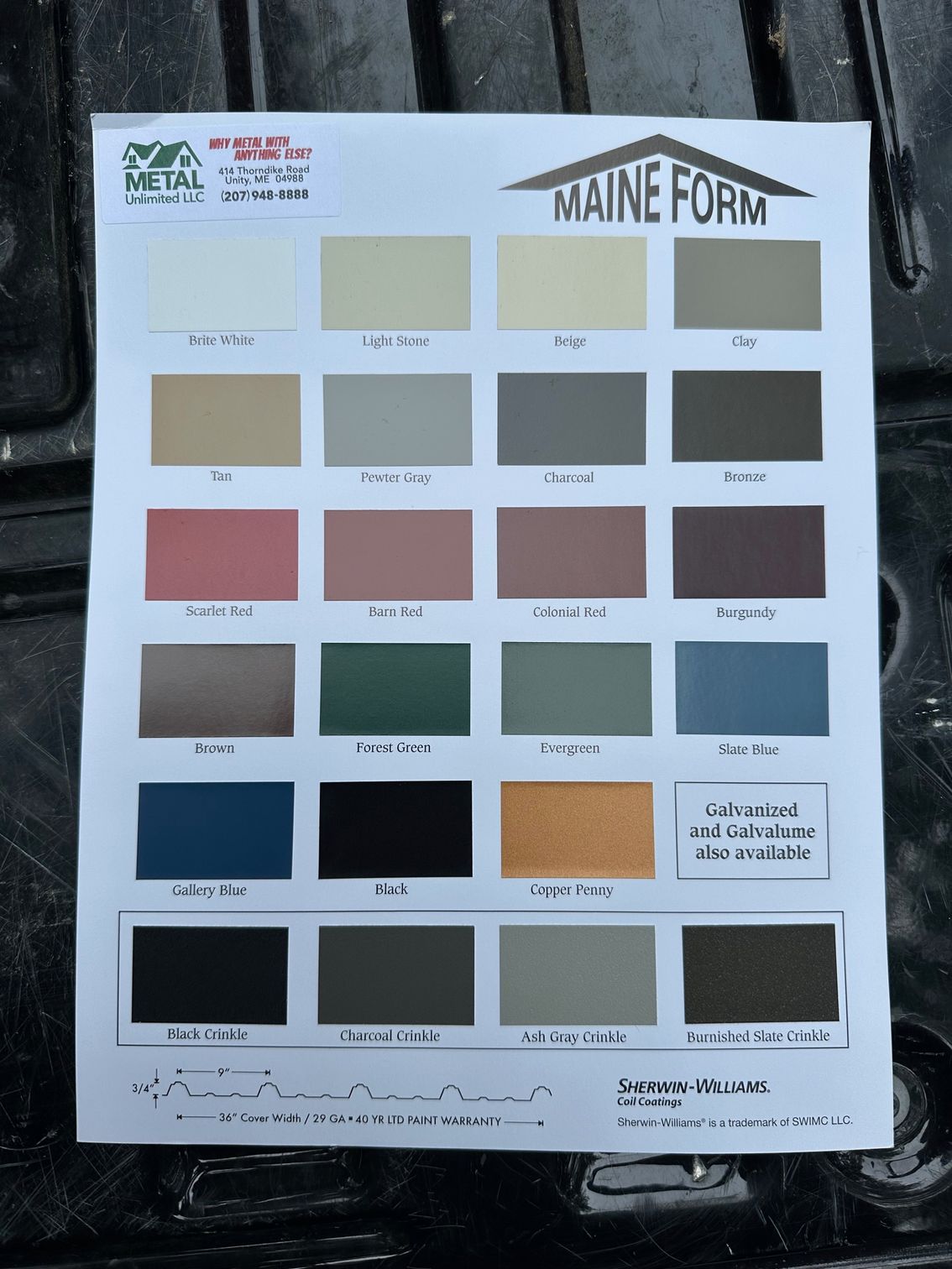 Color swatches from Maine Form on a white sheet against a dark surface.