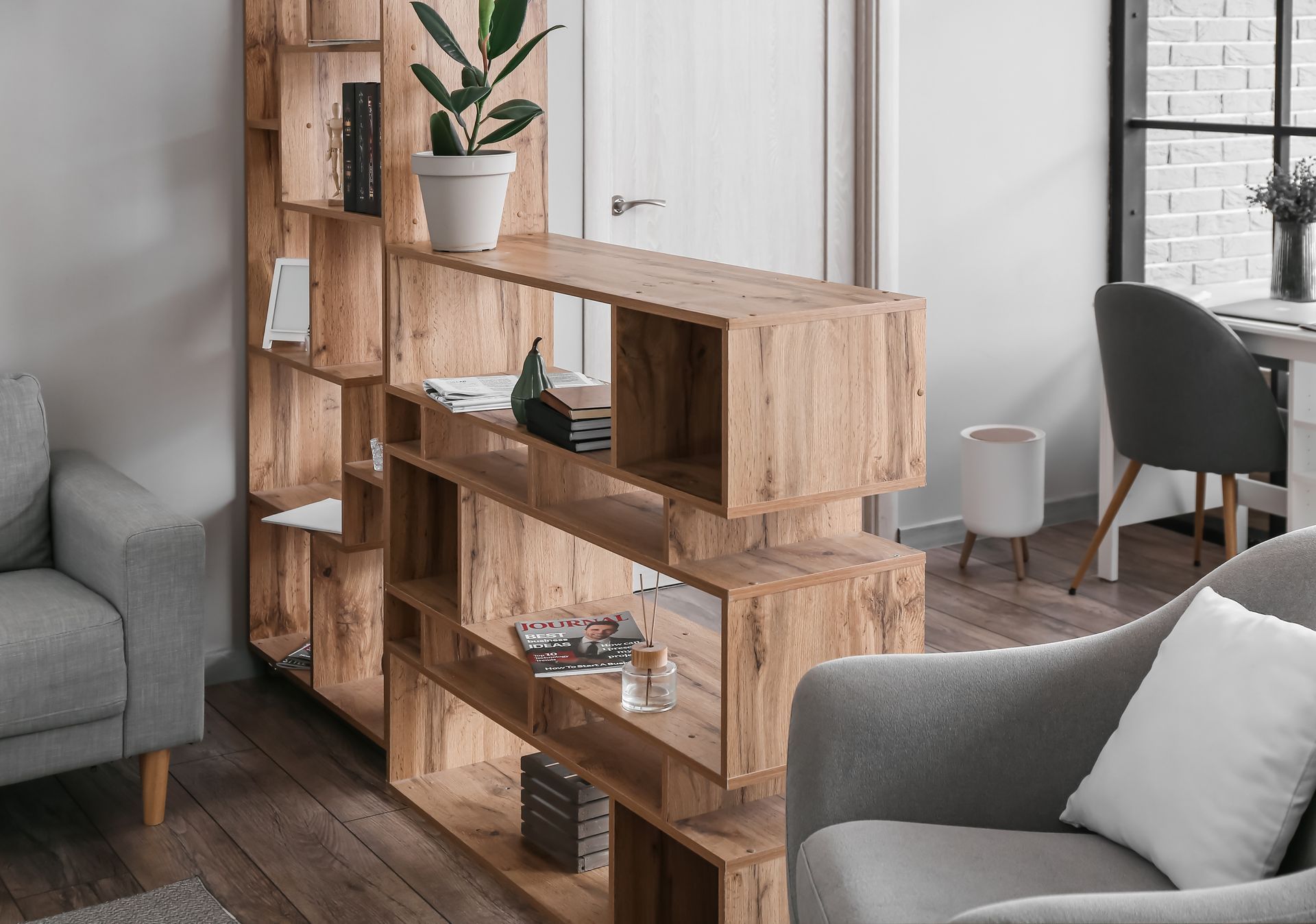 Bookcase used as storage in an apartment.