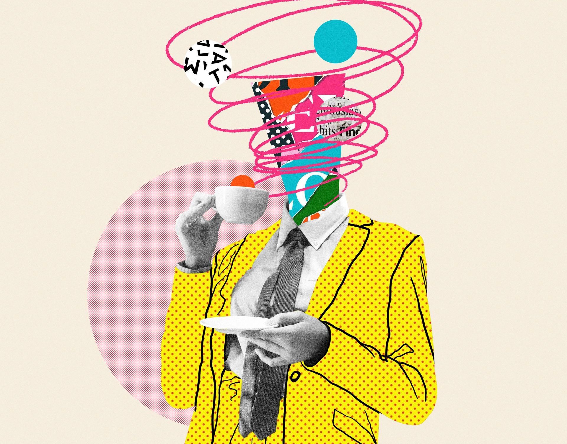 Poster for a dorm college apartment for decor ideas. Man in yellow jacket drinking a cup of coffee with a swirl of ideas around its head.