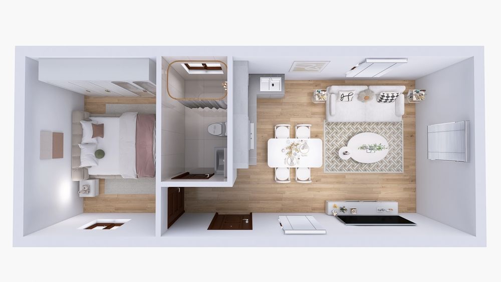 3D Rendered Floor Plan of a Modern One-Bedroom Apartment