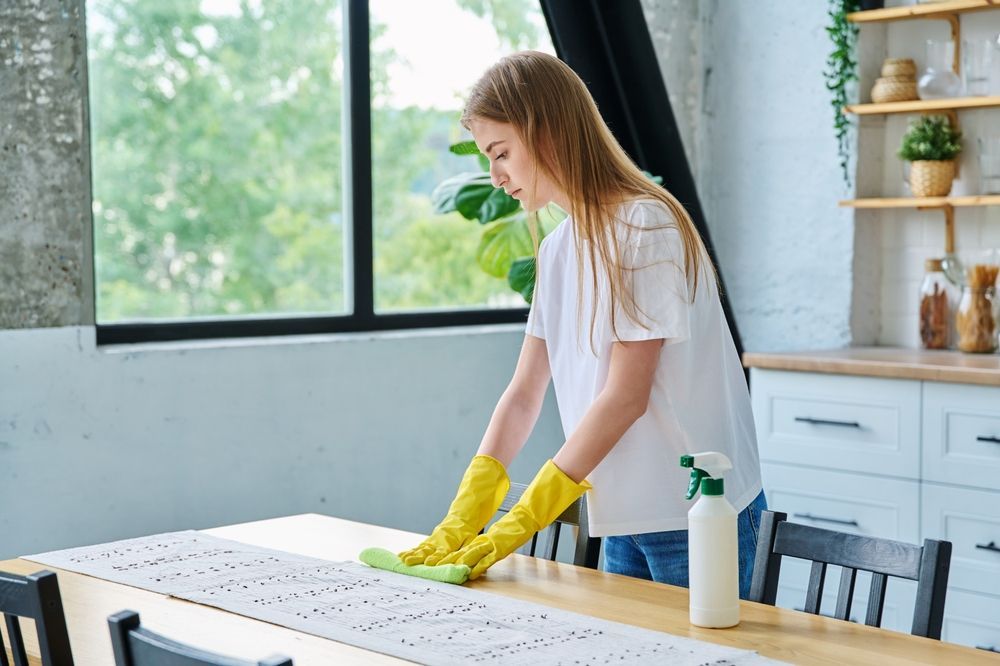 A girl is cleaning her apartment.