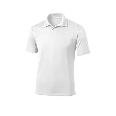 Un polo blanco de manga corta y cuello sobre fondo blanco.