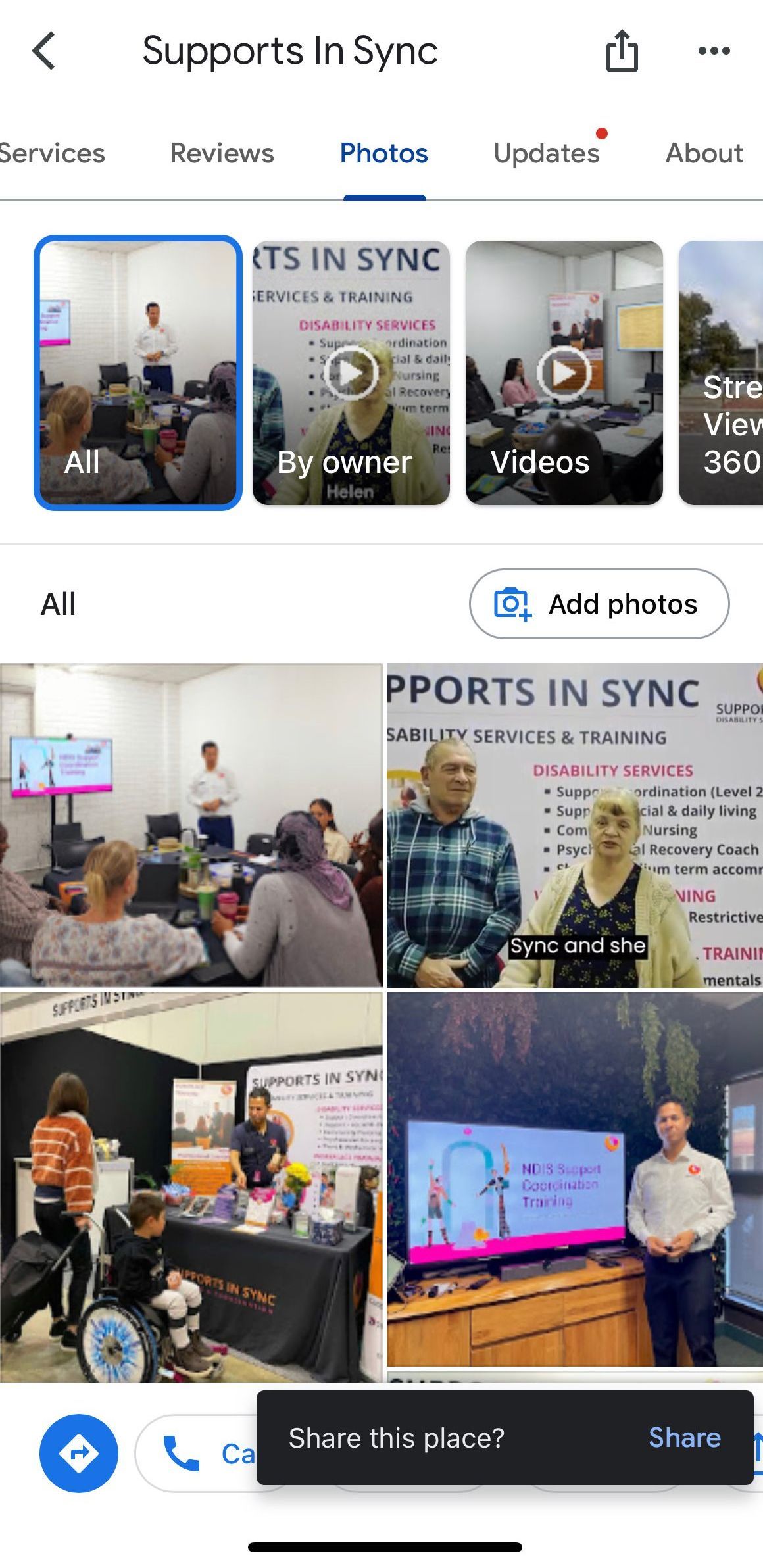 Sample Photos section on Google Business Profile of NDIS Provider, Supports In Sync