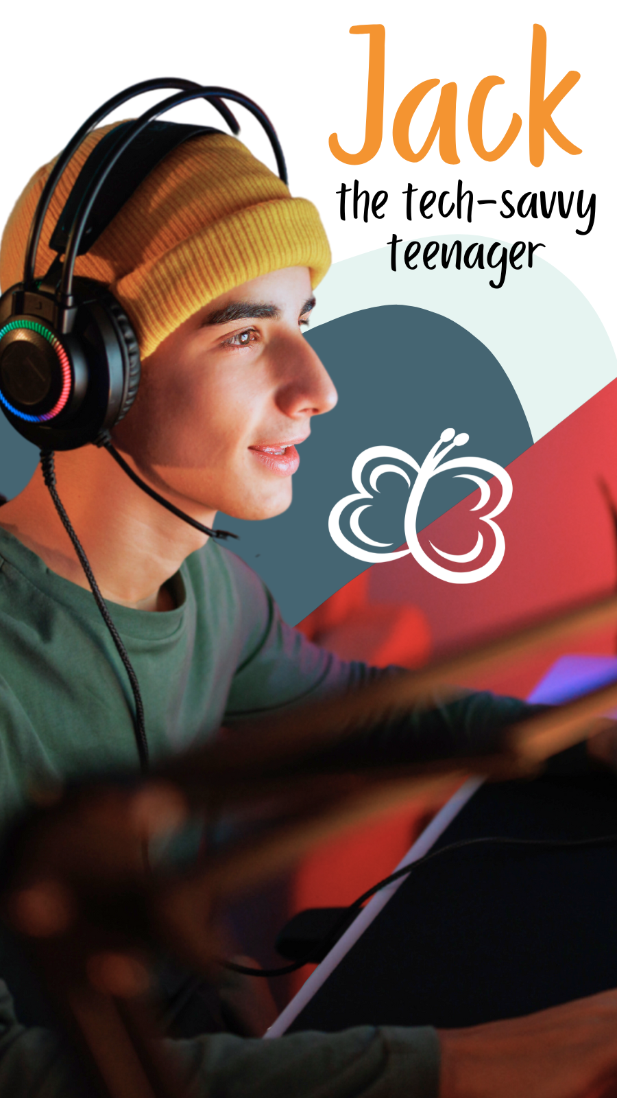 Photo of teenager playing video games while using a head phone