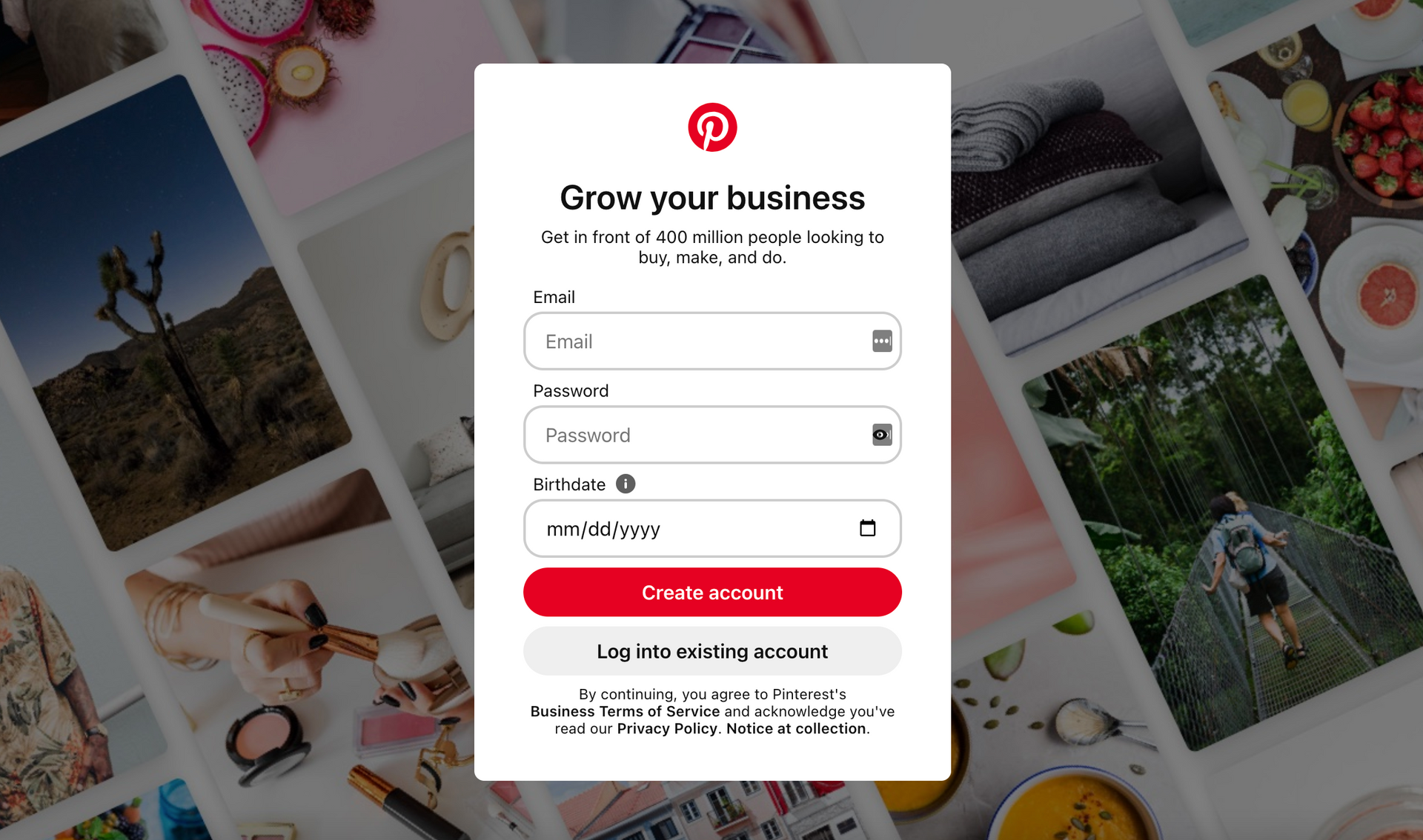 Pinterest for Business Sign up screen