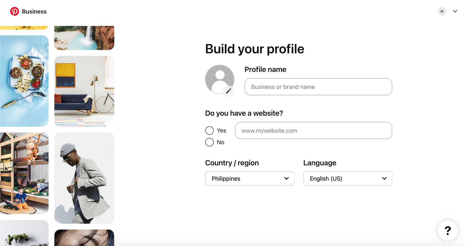 Pinterest for Business Build Your Profile Screen