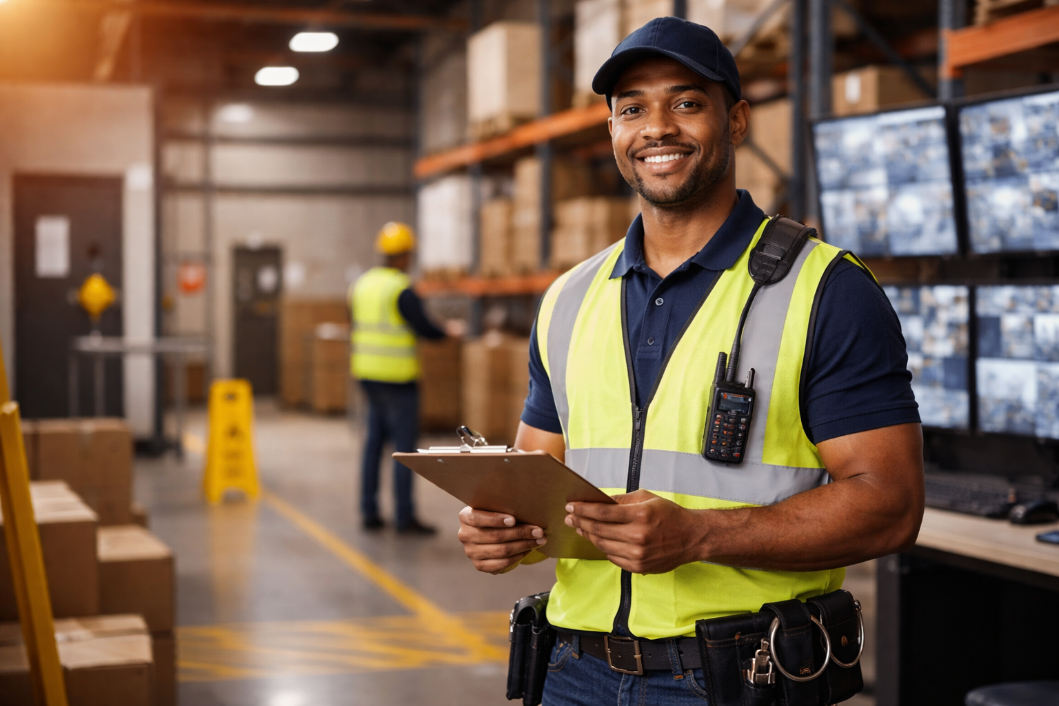 Security officer wearing a high-visibility vest holding a clipboard inside a warehouse, overseeing operations and monitoring safety and surveillance systems.