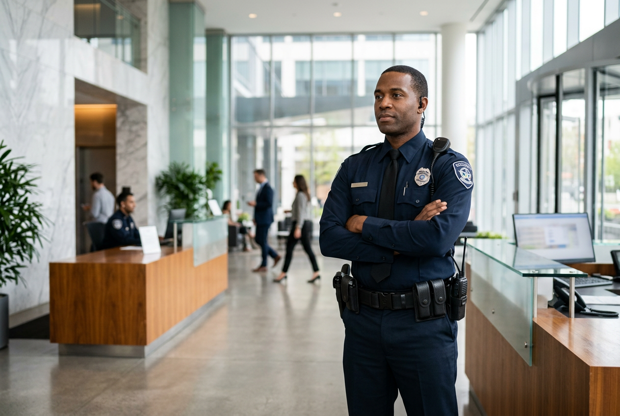 A Black security guard in a navy uniform stands with arms crossed in a modern office lobby