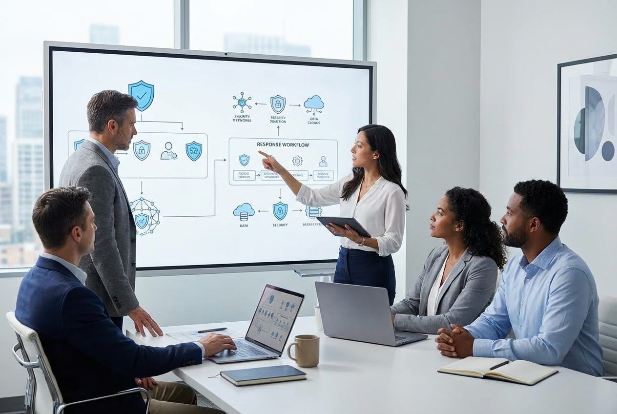 A diverse team of four professionals in a modern office, reviewing a 
