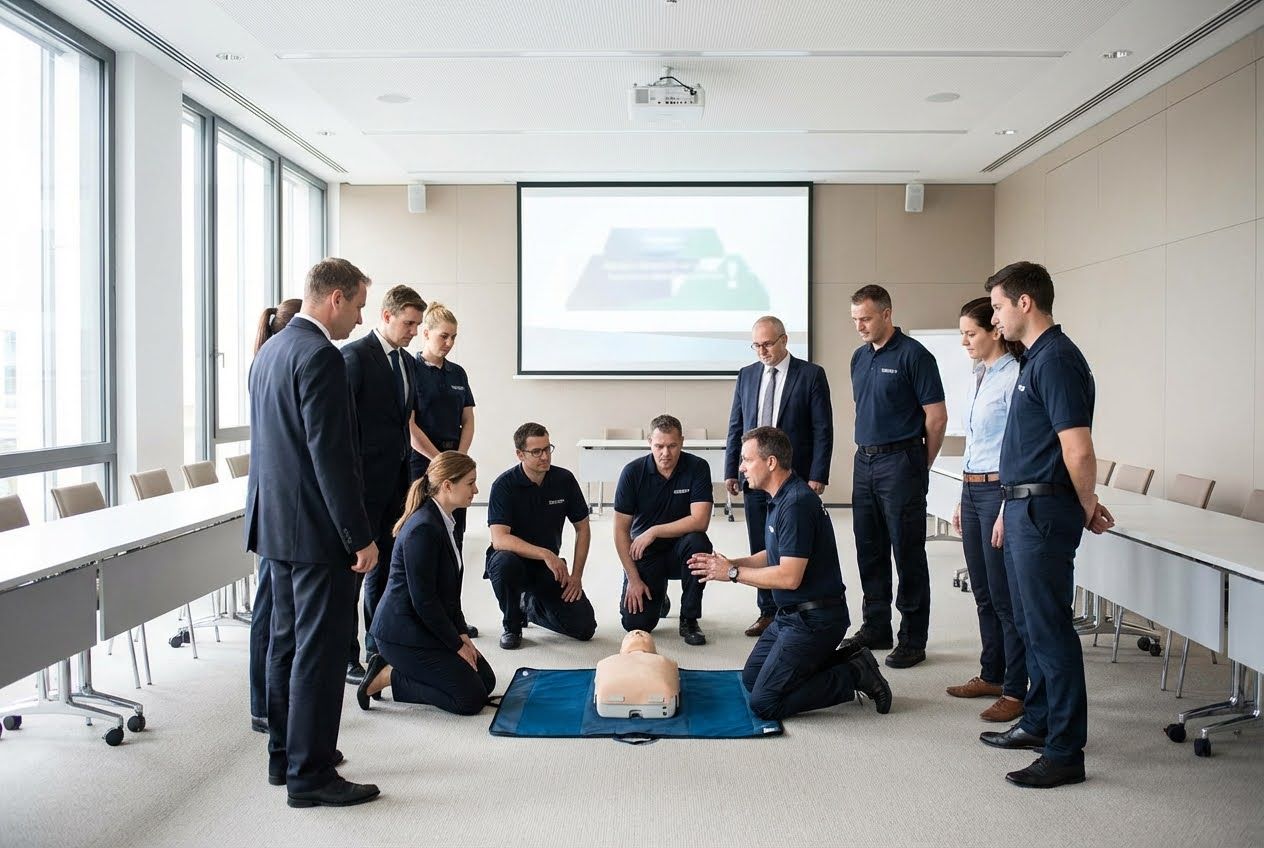 A group of professionals in a bright room learning CPR from an instructor using a mannequin.