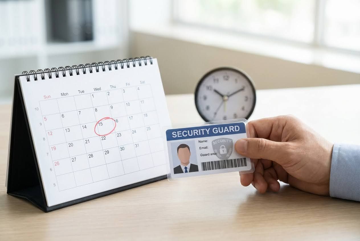 A hand holding a security guard ID card next to a desk calendar with the 15th circled in red, and a clock in the background.