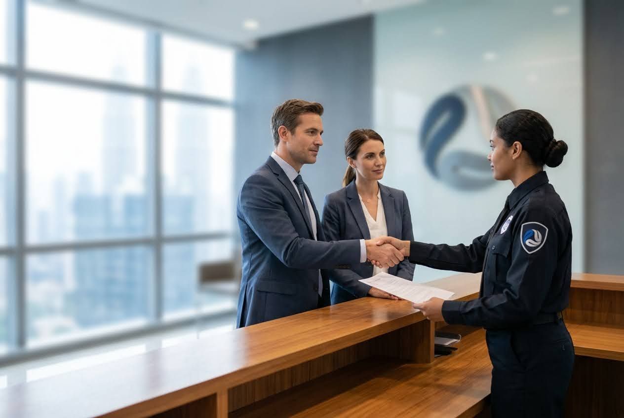 A male executive shaking hands with a female security guard in uniform at a reception desk.