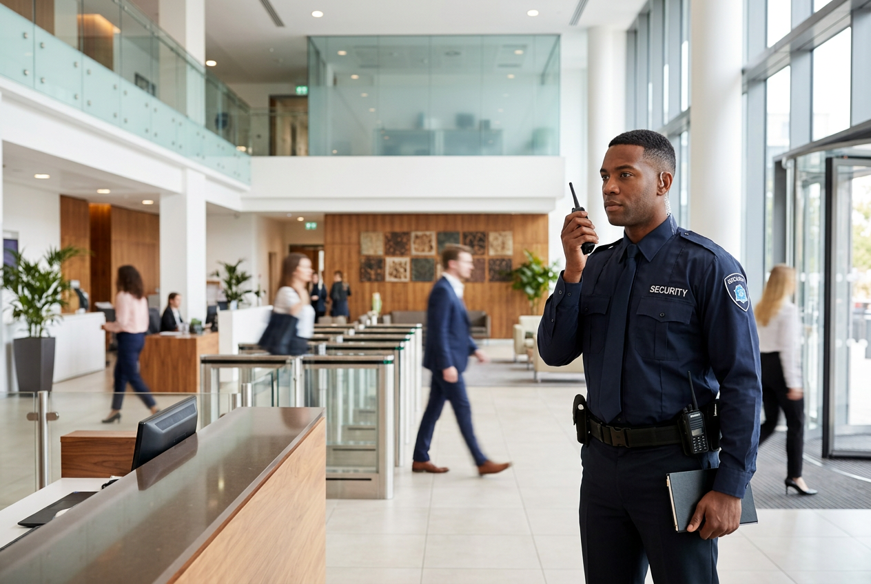 A male security guard in a dark blue uniform speaks into a walkie-talkie in a bright, modern office lobby