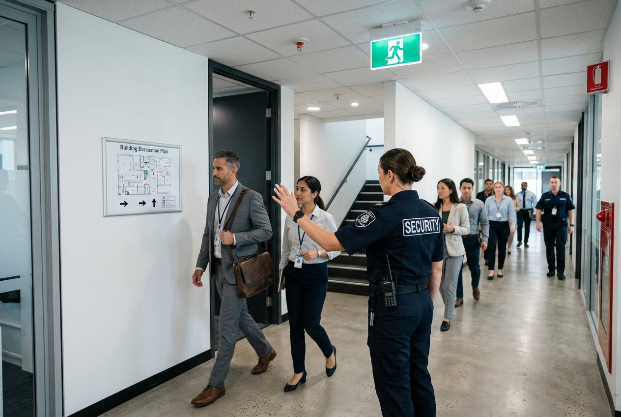 A security guard directs a line of diverse office workers down a bright hallway with an evacuation plan and exit sign