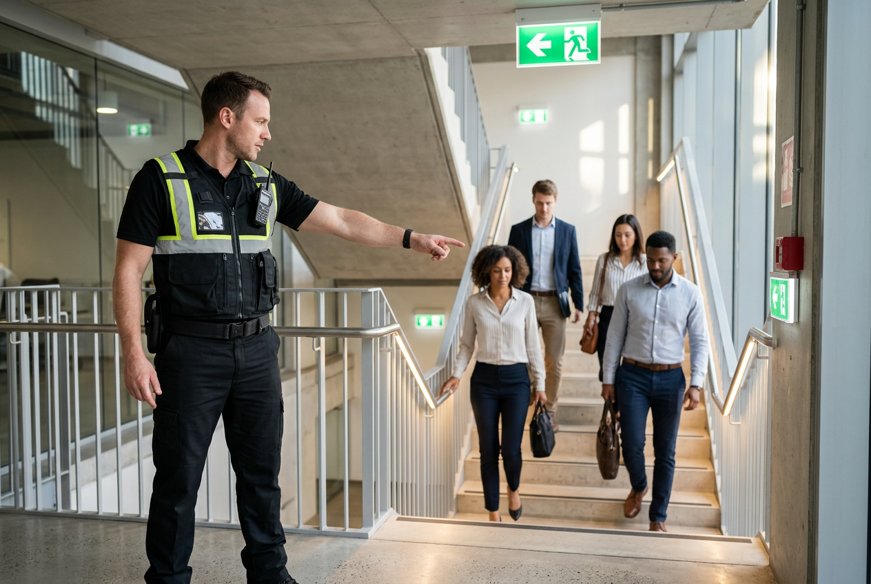 A security guard in a reflective vest points the way down a concrete staircase with several people descending