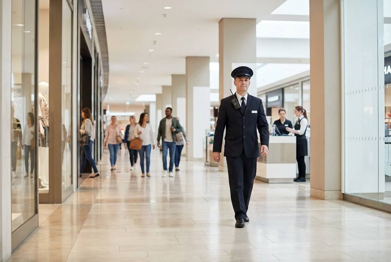 A security guard in a uniform walks through a shopping mall with several shoppers in the background.