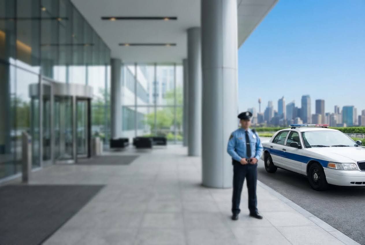A security guard stands beside a police car outside a modern building with a city skyline in the background.