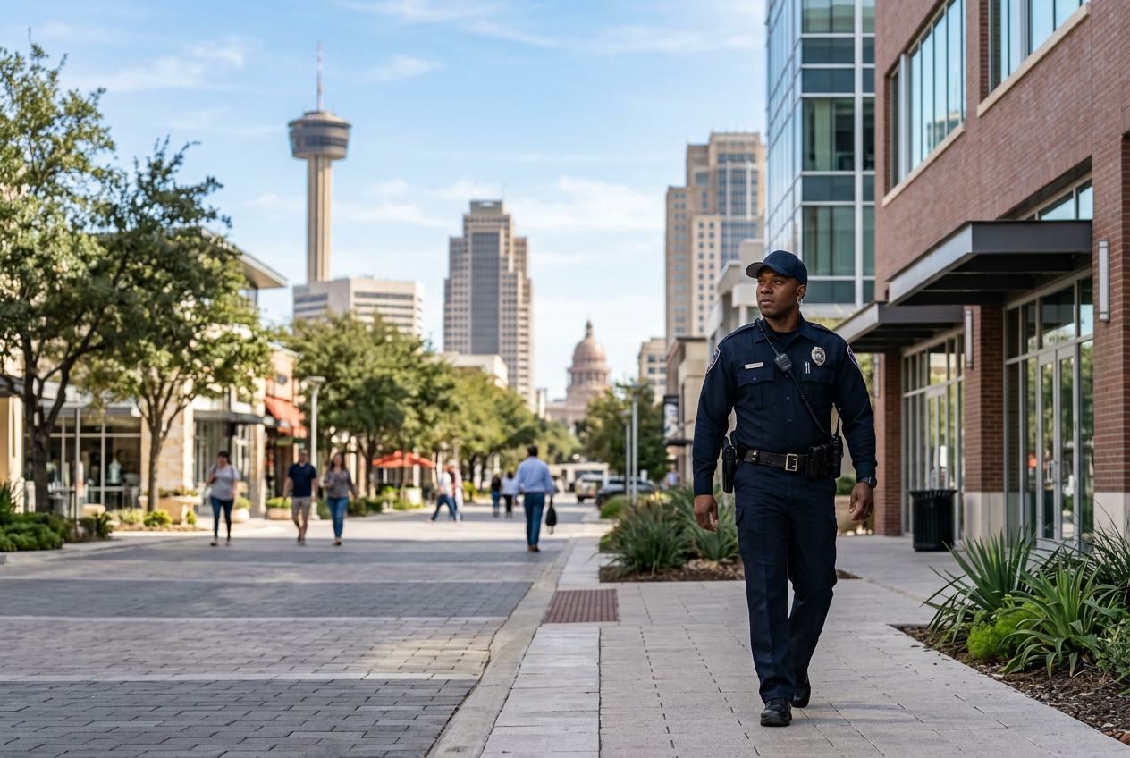 A security officer in a dark uniform walks along a paved street in San Antonio, with the Tower of the Americas in the background