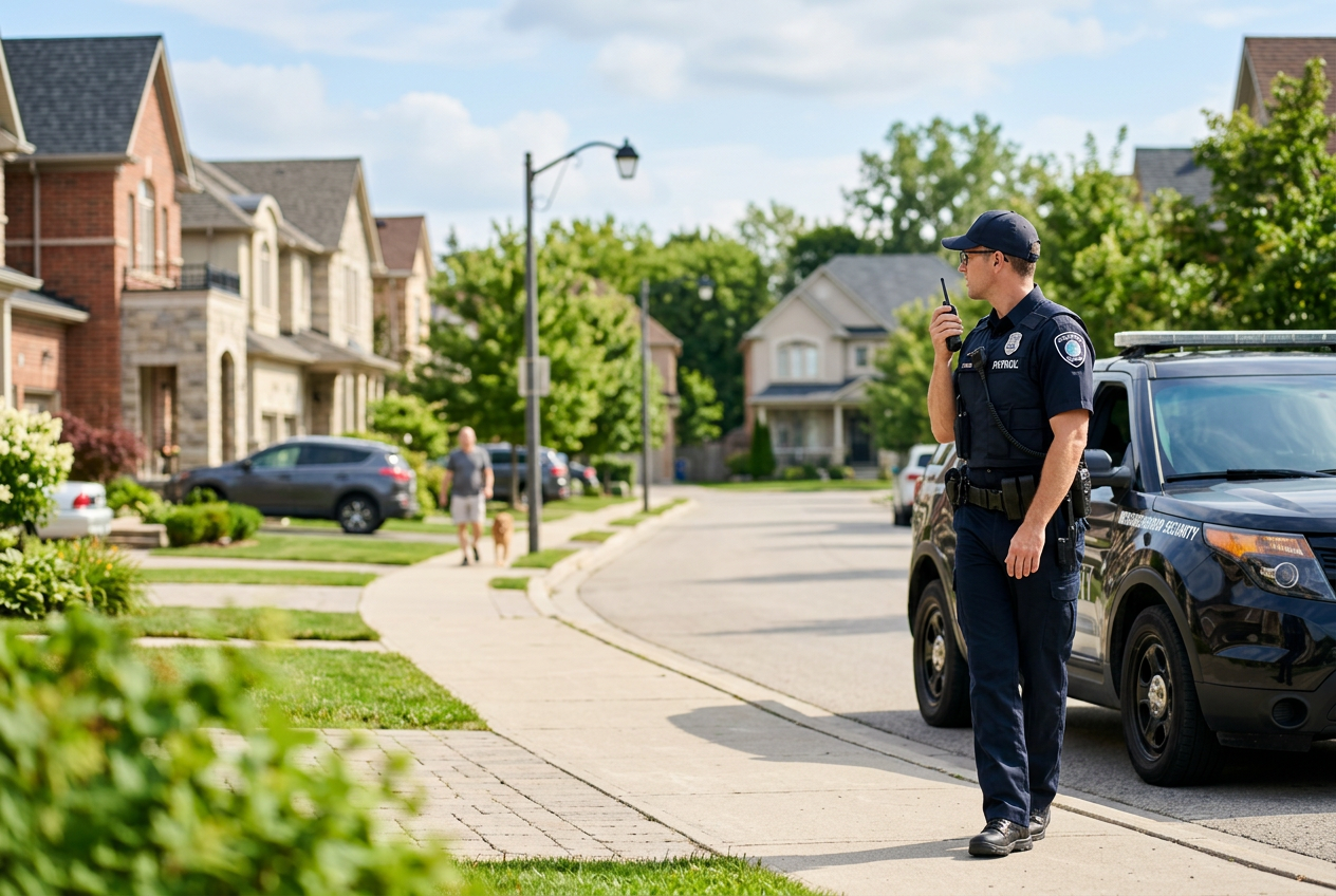 A security officer in uniform walks beside a patrol car on a suburban street, holding a walkie-talkie