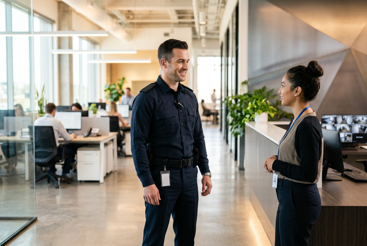 A smiling security guard in uniform talks to a female receptionist in a modern office lobby