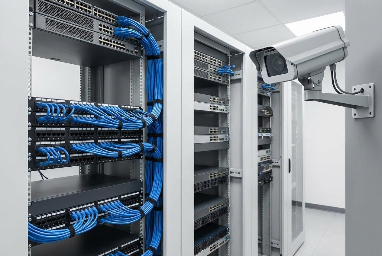 A wall-mounted security camera overlooks server racks with neatly bundled blue Ethernet cables.