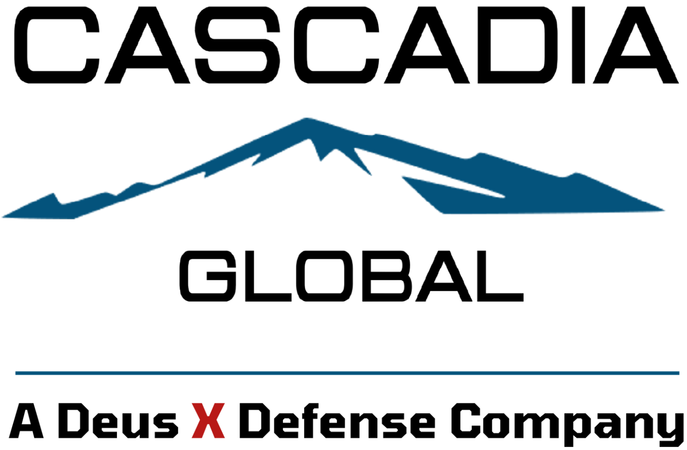 A logo for cascadia global with a mountain in the middle.
