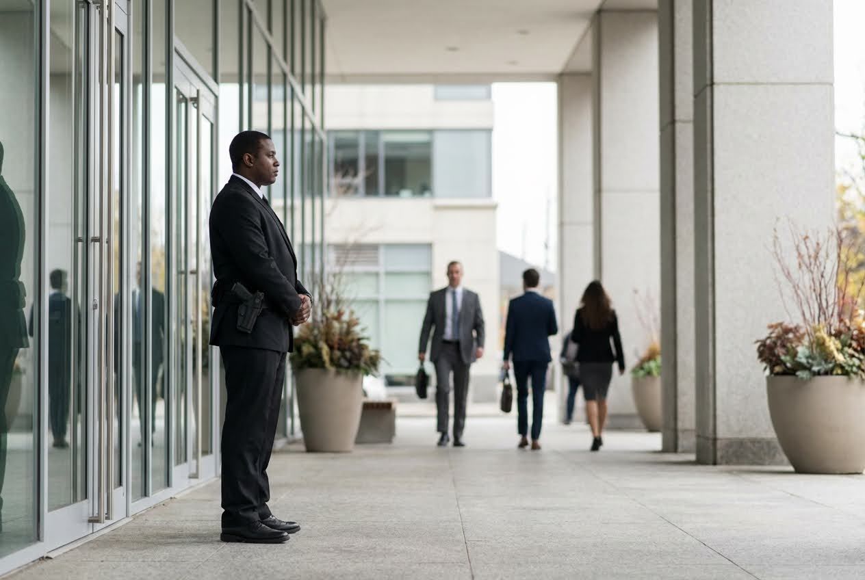 An armed security guard in a black suit stands watch outside a modern building as people walk by.