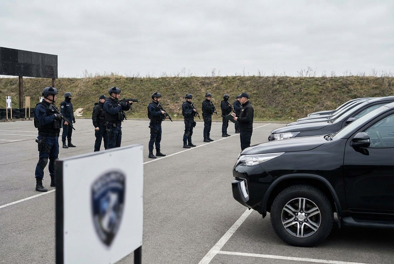 Armed officers in tactical gear train at an outdoor range with an instructor and parked black SUVs.