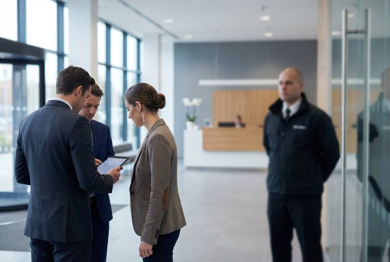Businesspeople in a modern office lobby are looking at a tablet, with a security guard standing in the background.