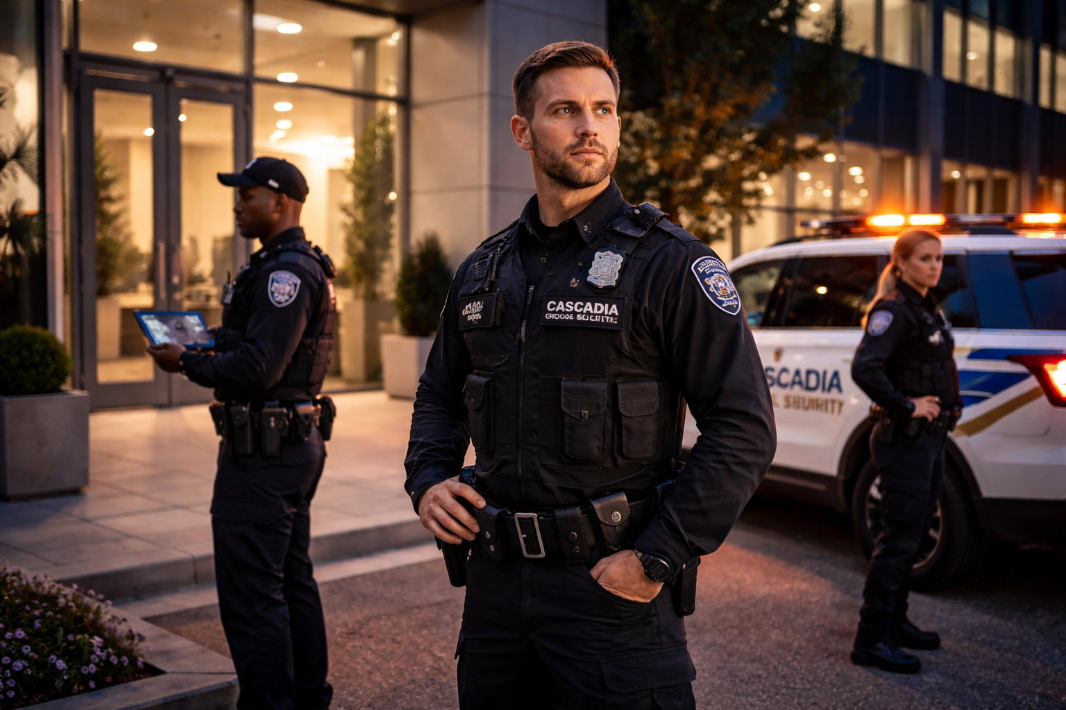 Three professional security officers stand outside a modern commercial building at dusk, with one monitoring a device, another observing the surroundings, and a marked patrol vehicle parked nearby.
