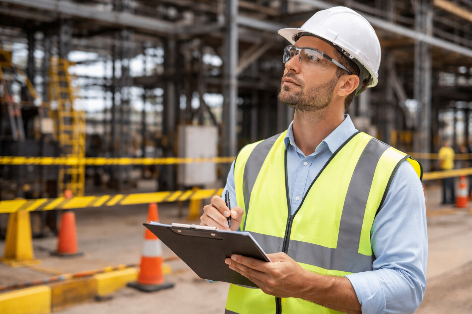 Safety inspector wearing a hard hat and high-visibility vest evaluating a construction site while taking notes on a clipboard during a hazard assessment.
