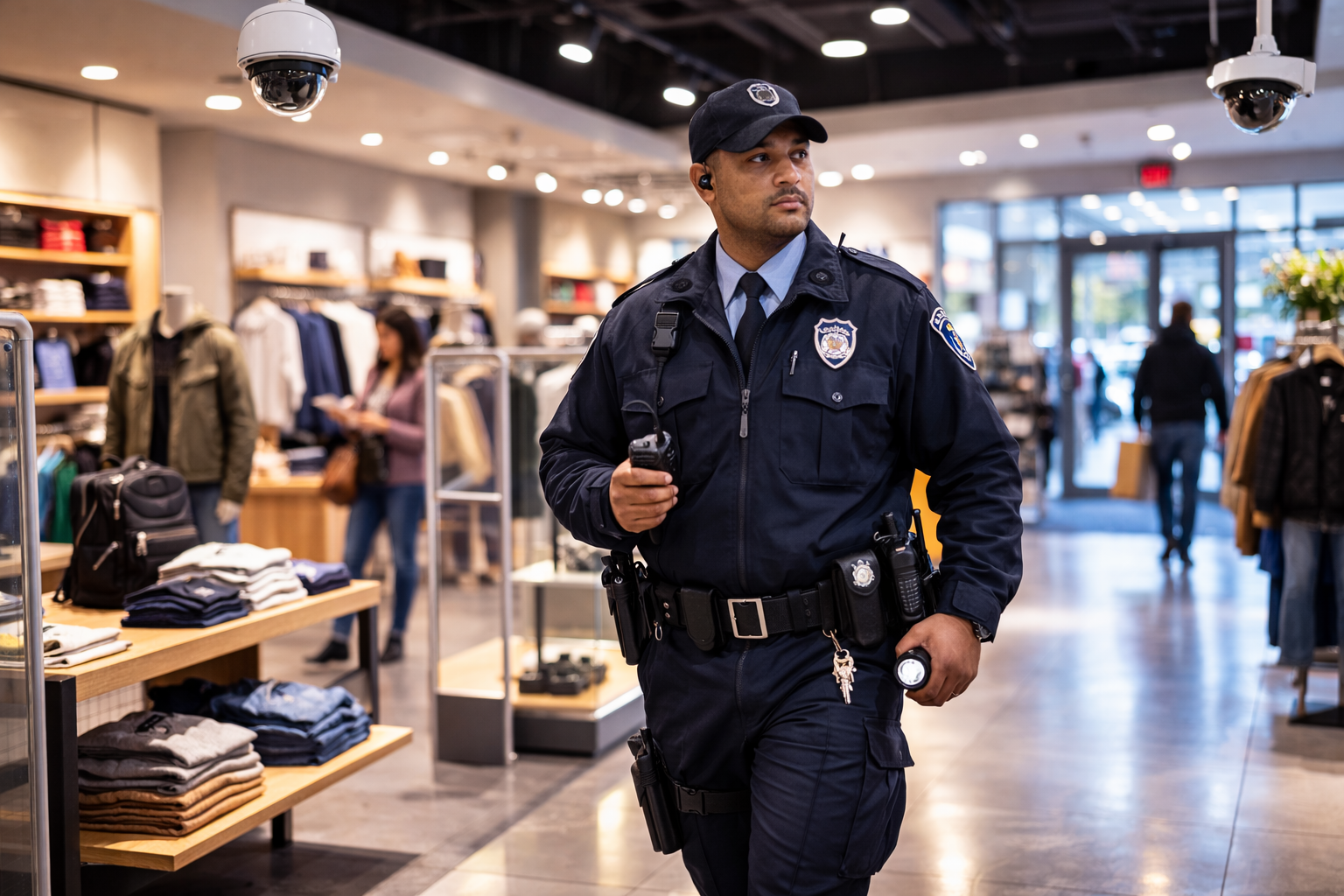 Security guard standing inside a retail store near the entrance, monitoring customers and activity while maintaining a visible presence for theft prevention.
