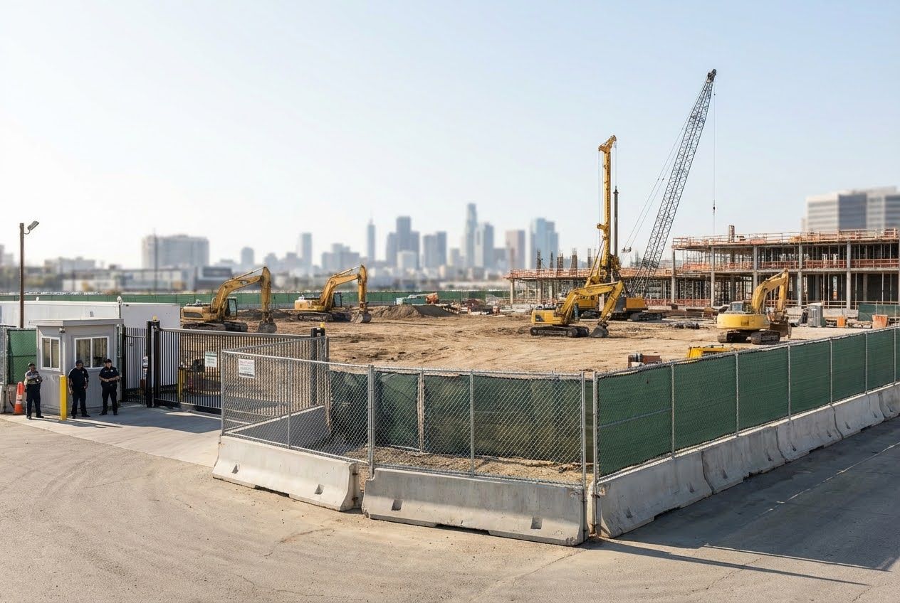 Construction site with a chain-link fence, concrete barriers, security gate, yellow excavators, and a city skyline in the background.