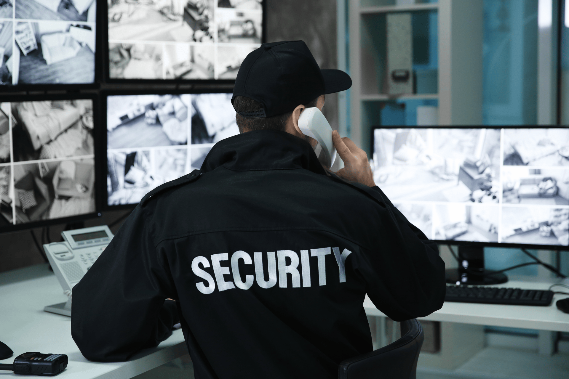 Security guard monitoring multiple surveillance camera screens in a control room while talking on a phone.
