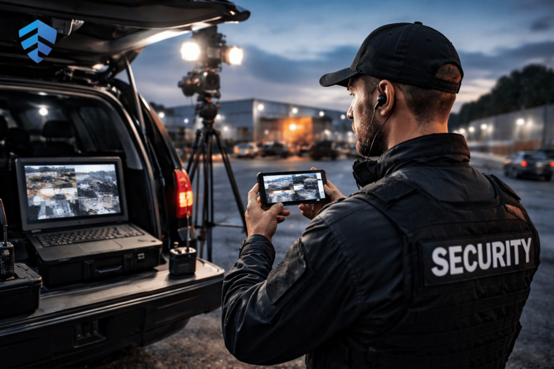 Security officer monitoring surveillance footage on a mobile device beside a security vehicle equipped with cameras and a laptop in an outdoor parking area at dusk.
