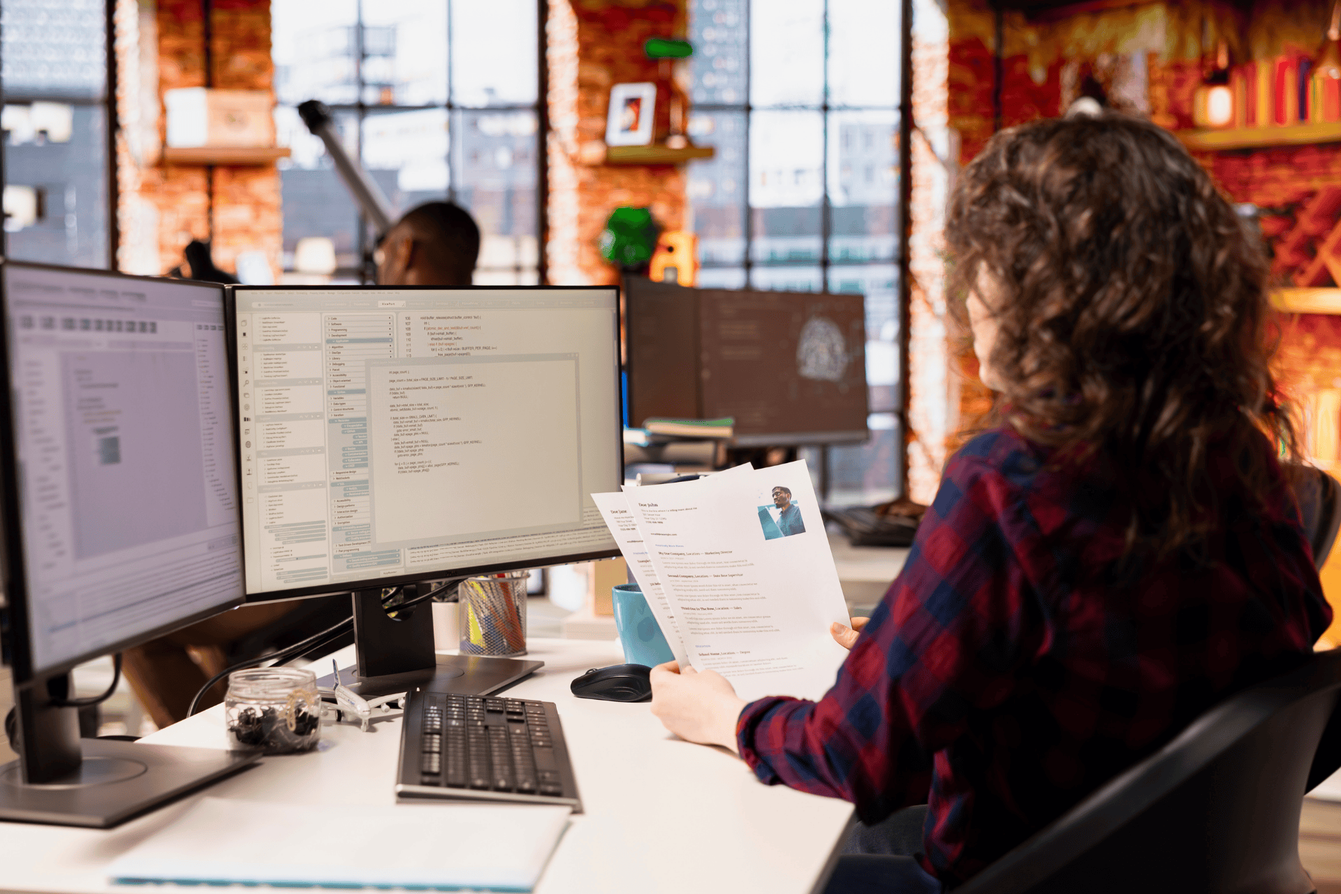 HR professional reviewing a job candidate’s resume at a desk with dual computer monitors in a modern office setting.
